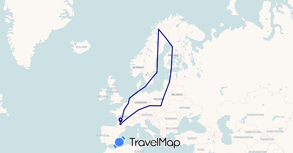 TravelMap itinerary: driving in Belgium, Czech Republic, Germany, Denmark, Estonia, Finland, France, Latvia, Netherlands, Poland, Sweden (Europe)